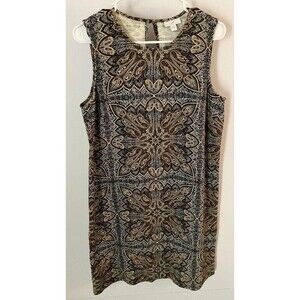 J. Jill Women’s Medium Brown Sleeveless Midi‎ Shift Dress Scoop Neck Patterned